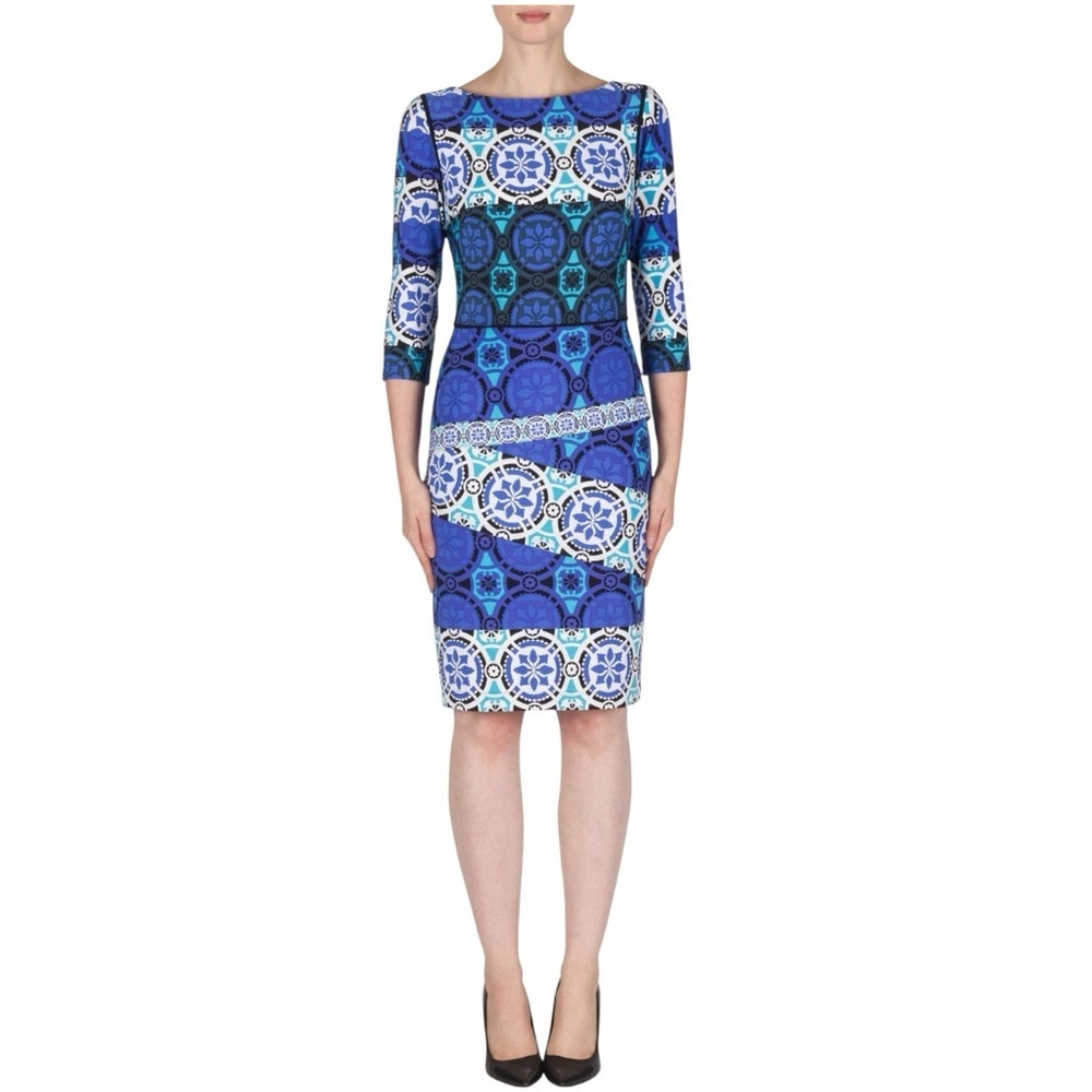 Joseph Ribkoff Women’s 3/4 Sleeve Blue White Stretch Jersey Party Dress Size 12